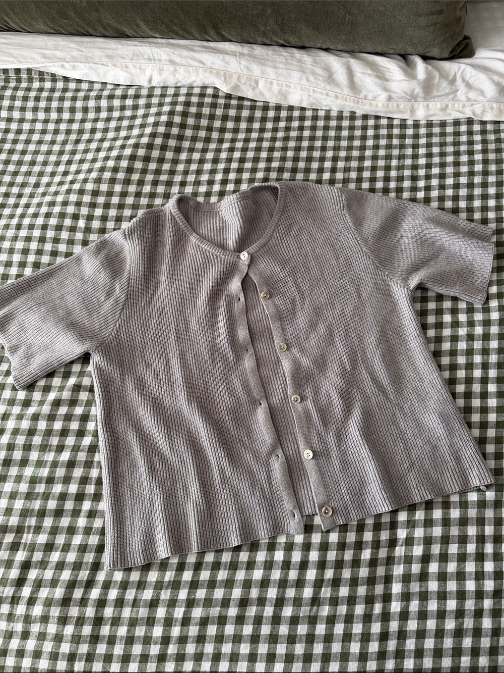 Short Sleeve Button Front Knit Cardigan in Light Taupe